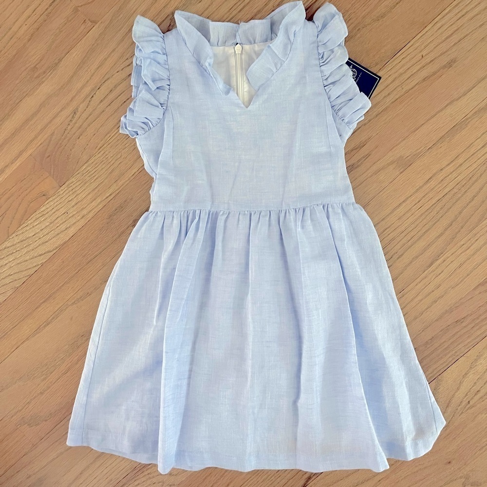 NWT Brown Bowen & Company Girls Kaki Lt Blue Linen Dress w Ruffle Collar Sleeves